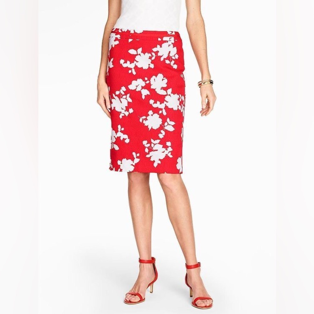 Talbots Jacquard Floral Pencil Skirt Size 2 Petite Red White New with Tag